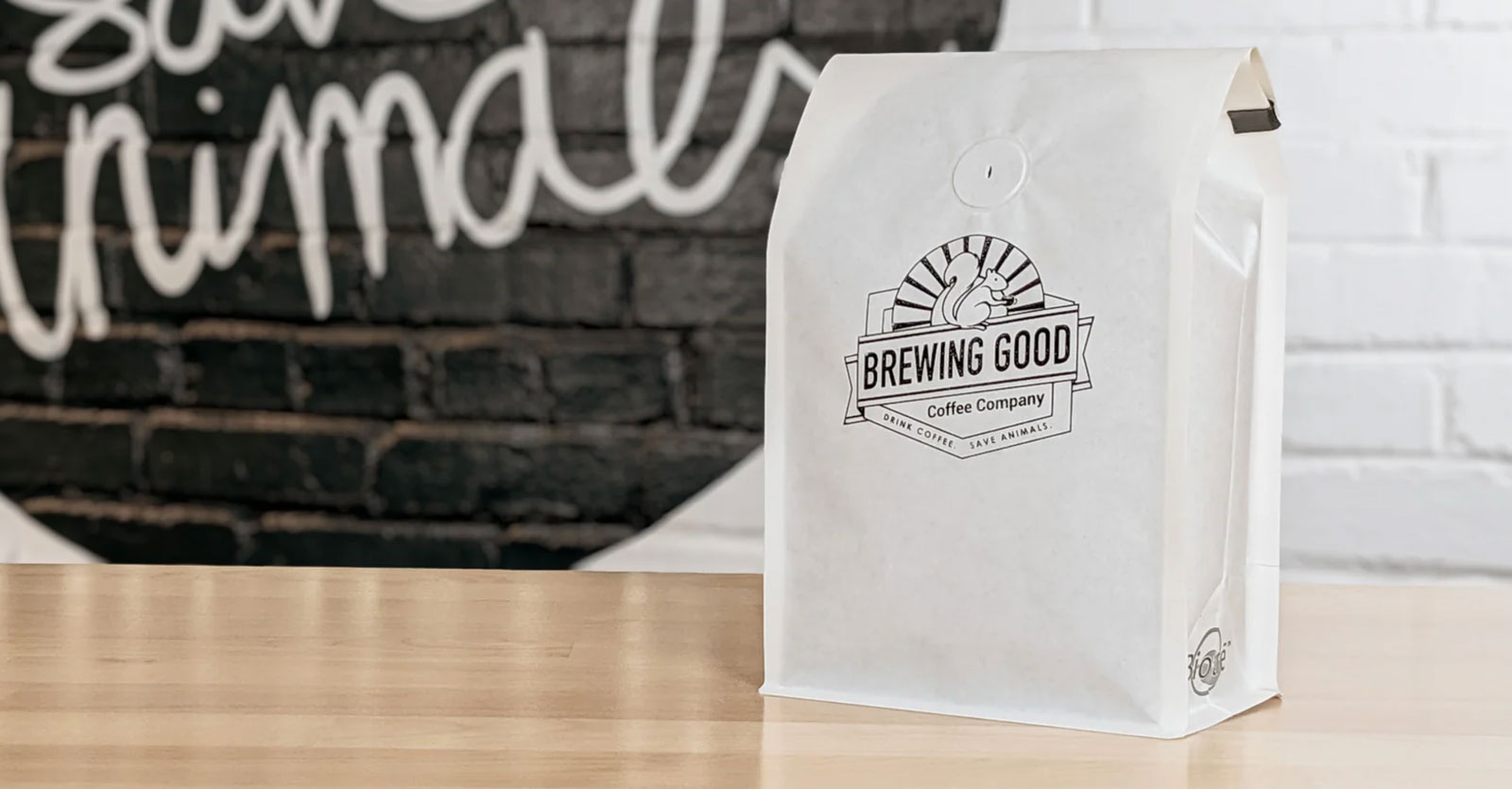 White coffee bag labeled 